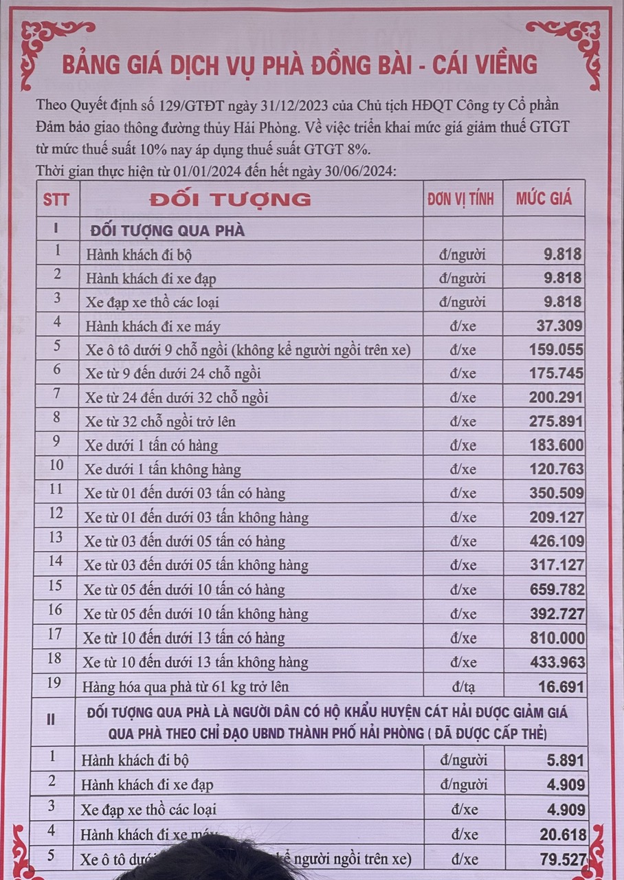 lịch chạy phà Đồng Bài